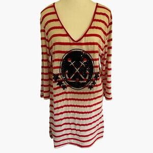 Zara Sequin Anchor Star Red/Ivory Stripe Nautical Beach Tunic Coverup Top.Sz-M
